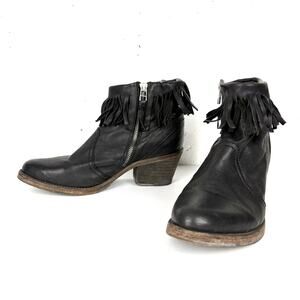 AllSaints Women Bonny Valley Black Leather Fringe Ankle Boots Cuban Heel Size 39